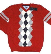New Tommy Hilfiger Boys Argyle V-Neck Pullover Sweater L 16-18 Red Long Sleeve