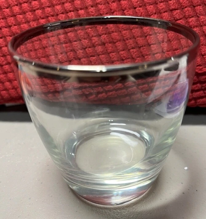 VTG Clear Short Tumblers  Silver Rimmed   3.5 inches tall  3.25 in across  8 oz