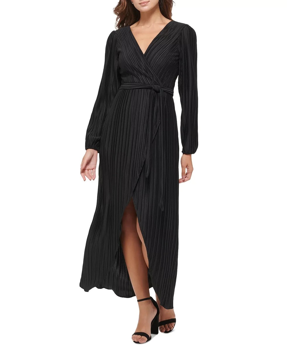 black woven asymmetric pleated maxi dress Women's Black Woven Asymmetric Pleated Maxi Dress
