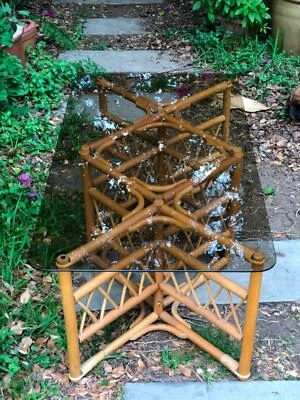 Vintage Retro Boho Natural Cane Coffee Table With Smoked Glass Top Cane Coffee Table With Smoked Glass