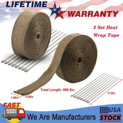 2Pack 2'' x50ft Roll Header Turbo Pipe Manifold Exhaust Heat Wrap 10Ties Titanium