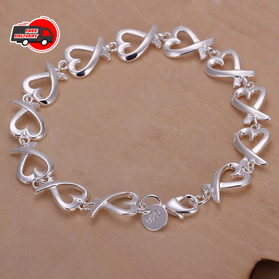925 Sterling Silver Charm Heart Thick Chain Women Bracelet Fashion Jewelry