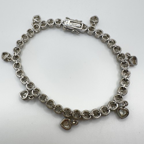 Sterling Silver Dangling Heart Tennis Bracelet Cubic Zirconia CZ Size 7 925 - Picture 15 of 18