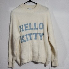 Hello Kitty Fuzzy Embroidered Sweater Forever 21 White Blue Xtra Small