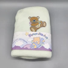 Vintage K-Mart Baby Blanket Fleece Teddy Bear Green Embroidered Soft Brown 