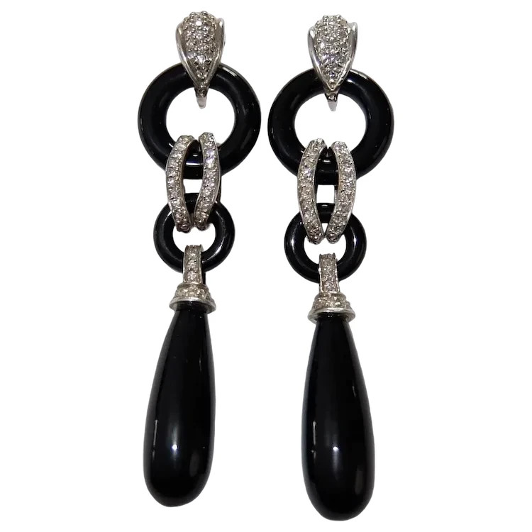 STEPHEN DWECK Sterling Silver Onyx and Pave Diamond Pendant Drop Post Earrings