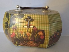 Vintage Decoupage Box Purse Wood Octagon With Mirror