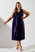 Coast Womens Midi Dress Pleated Sleeveless Sequin A-Line Navy Plus Size