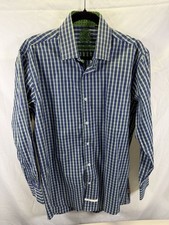 English Laundry Men  s Button Down Gingham Dress Shirt Blue Green 15.5 32/33