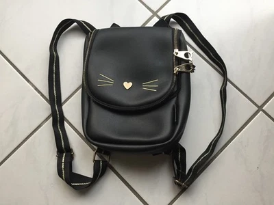 Top Model Mädchen Rucksack Tasche Katze Schwarz Gold Leder Reißverschluss Defekt - Bild 1 von 4