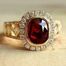 Oval Cut Lab Created Red Garnet Women's Wedding Halo Ring 14K Yellow Gold Plated