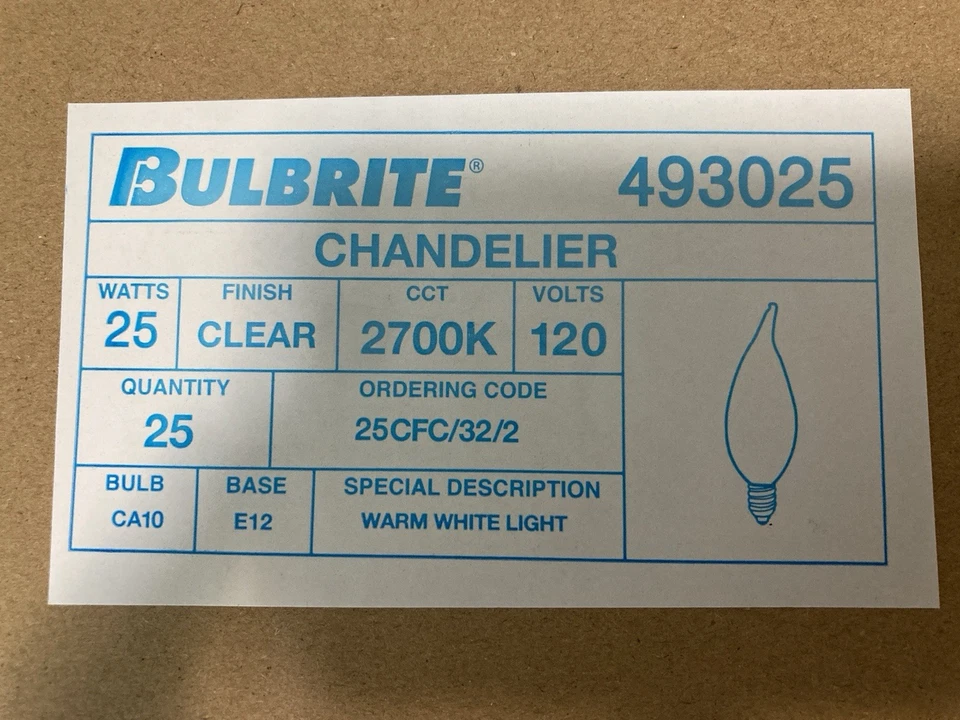 Bulbrite Chandelier Bulbs 25W 120V Flame Tip Clear Candelabra Base 25 Pack - Image 2 of 4