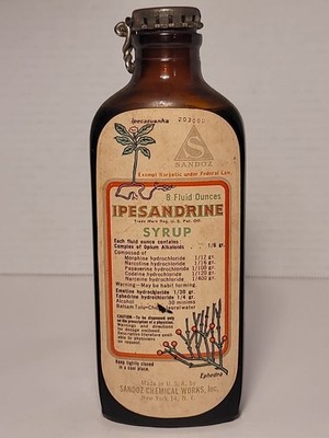 RARE Sandoz Pharmaceutical Ipesandrine Syrup Bottle with Original Cap & Label