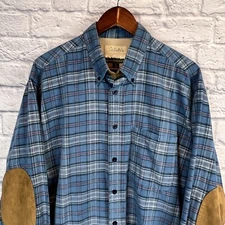Cabela’s Outfitters Series Mens Blue Plaid Corduroy Shirt Elbows Pads Large TALL