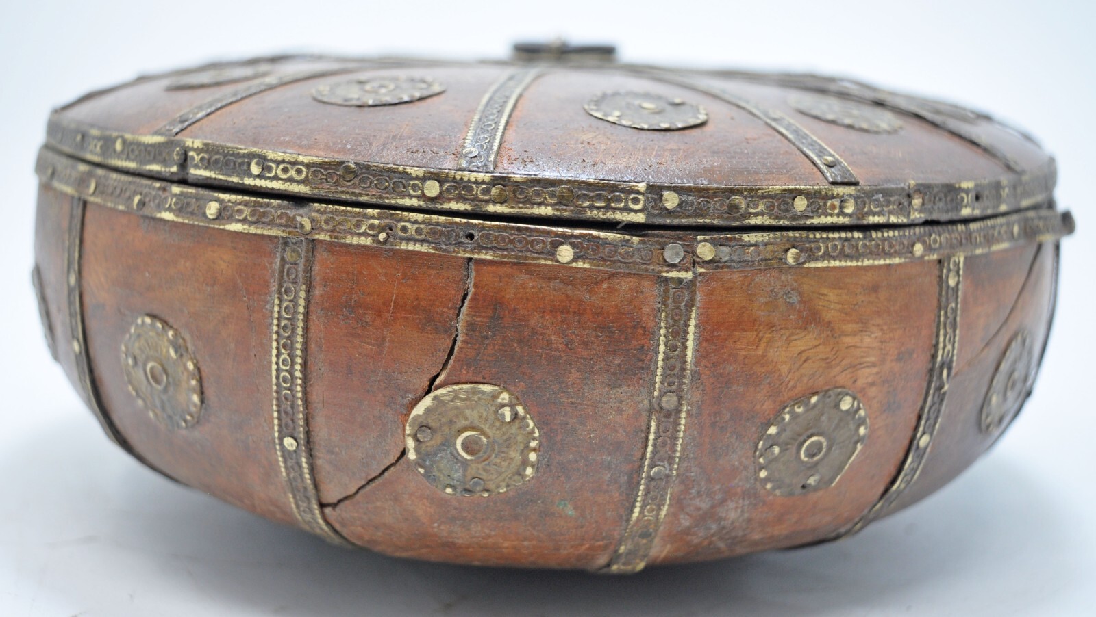 Vintage Wooden Round Kum Kum Powder Tika Box Original Old Hand Carved Brass Fitt