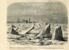 1864 Ice floes on the St. Lawrence near Montreal. Original antique print Canada