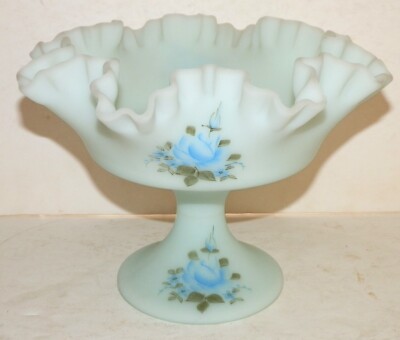 Fenton Blue Satin Floral Glass Pedestal Compote Ruffled Signed Hand Painted 