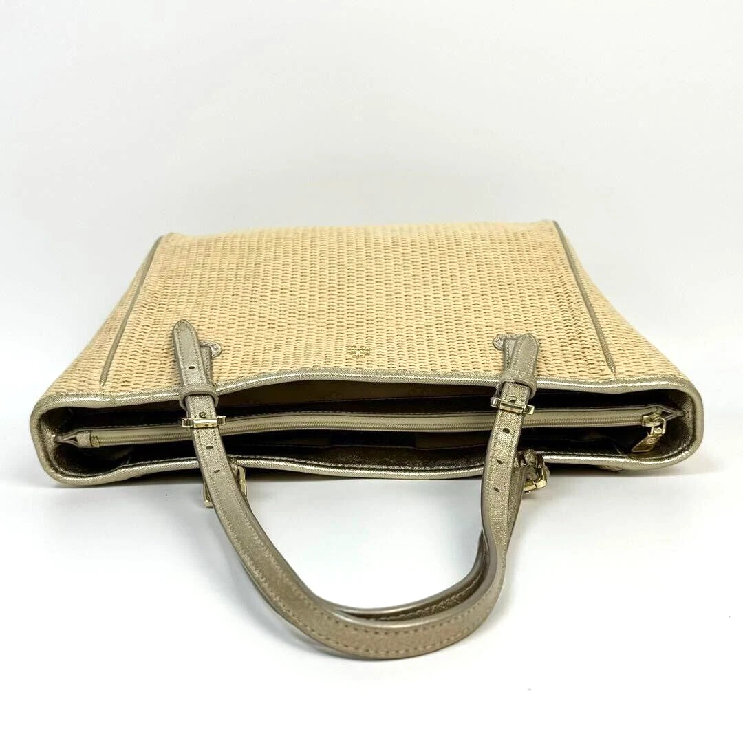 Borsa Tory Burch Basket borsa tote bag pelle paglia oro beige autenticata originale