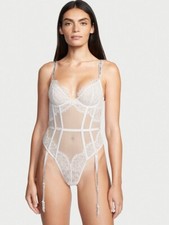 Victoria's Secret 36C L garter TEDDY one-piece bodysuit WHITE lace SHINE STRAP