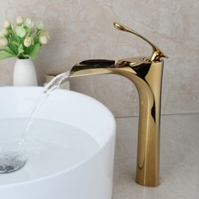 Luxury Waterfall Gold Bathroom Basin Vessel Sink Mixer Faucet Single Lever Taps