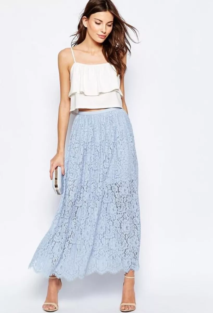 NEW 267 Keepsake Stand Still Sky Blue Lace Maxi Skirt Size XS