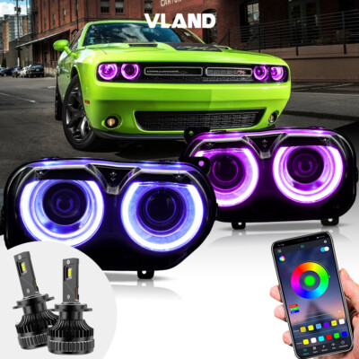 LED RGB Headlights For 2015-2022 Dodge Challenger Color Changeable With LED Bulb
