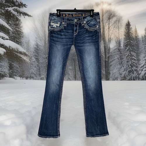 Pantalones de mezclilla Rock Revival talla 28 azul Fenna tiro bajo bota adornada vaquera occidental - Imagen 5 de 23