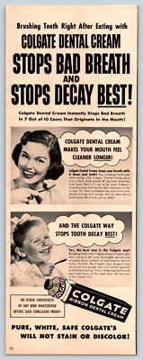 1952 Colgate Dental Cream Stops Bad Breath and Decay  5''x13.5'' Print Ad  (B)