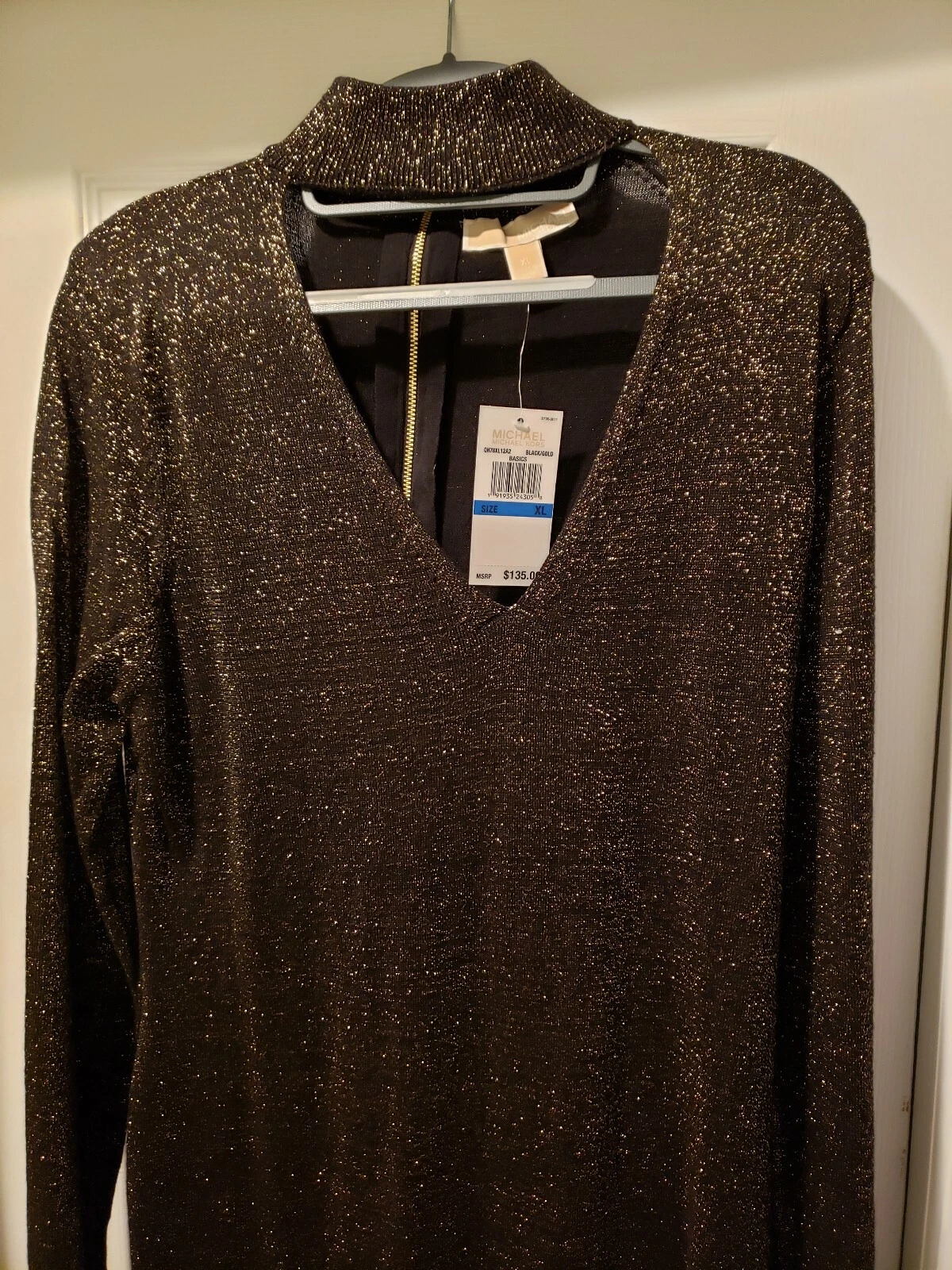 Abito Michael Kors girocollo scollo a V maglione metallizzato maglia nero oro nuovo con etichette