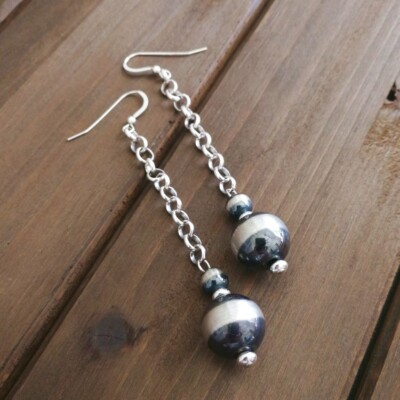 Native American Large Navajo Pearl Sterling Silver Bead Long Chain Drop Earrings