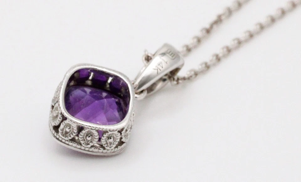 Vintage Amethyst Rhombus Square Pendant - 14k White Gold Necklace - 15" - Image 4 of 4