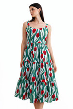 Women Red Green Tulip Print Tiered Midi Dress | Boho Summer Cotton | Sleeveles