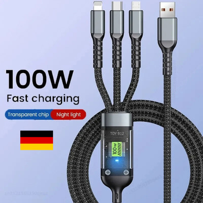 3in1 Multi PD 100W USB-C Schnell Ladekabel auf USB Typ-C Micro-USB und Phone DE