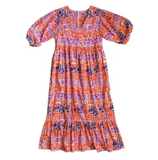 Briton Court Orchid Colorful Orange Purple Floral Midi Dress Puff Sleeves Medium
