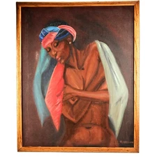 PAUL CHARAVEL Original Vintage Signed Black Nubian Semi Nude Portrait Painting