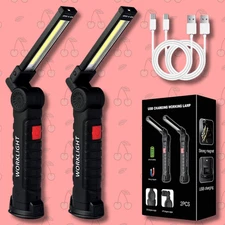 2 Pack Magnetic Base LED COB Work Light Rechargeable Mechanic Torch Flashlight