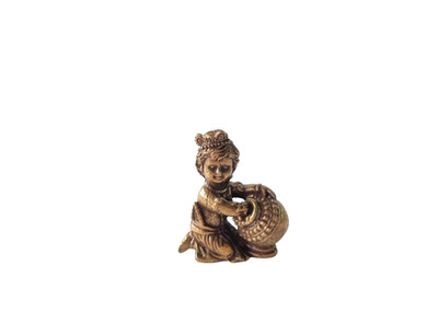 Hindu God Krishna Vigrah Bala Baby Statue Makhan Chor Butter Pot Happy Gold Mini