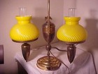 VTG Brass Double Arm Student Table Desk Lamp YELLOW Ribbed Swirl Glass Shades — photo 7