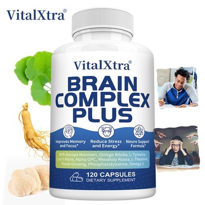 Vitalxtra Brain Complex Reduce Stress And Energy Vegan,Non-Gmo, 120 Capsules