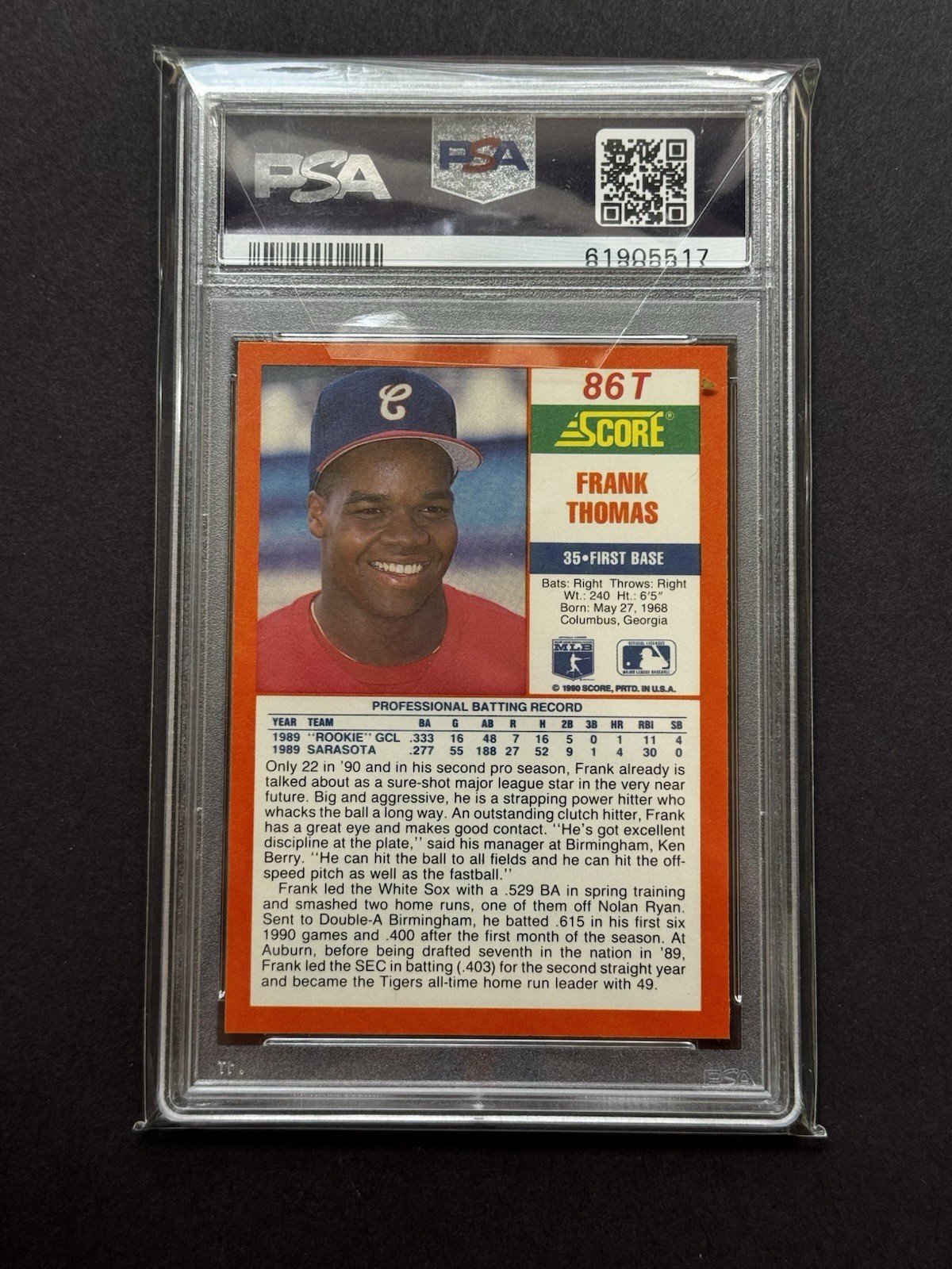 PSA 10 ROOKIE RC FRANK THOMAS - 1990 SCORE TRADED #86T view 2