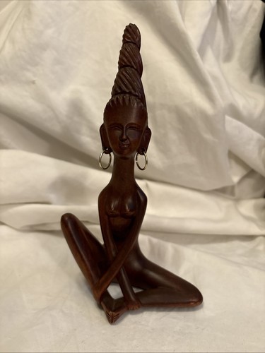 Vintage 70s Solid Wood Yoga Woman Figurine Statue African Art Cross arm - Picture 1 of 4