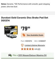 Duralast Gold  Front. Brake pads Nissan maxima 2009-2014 