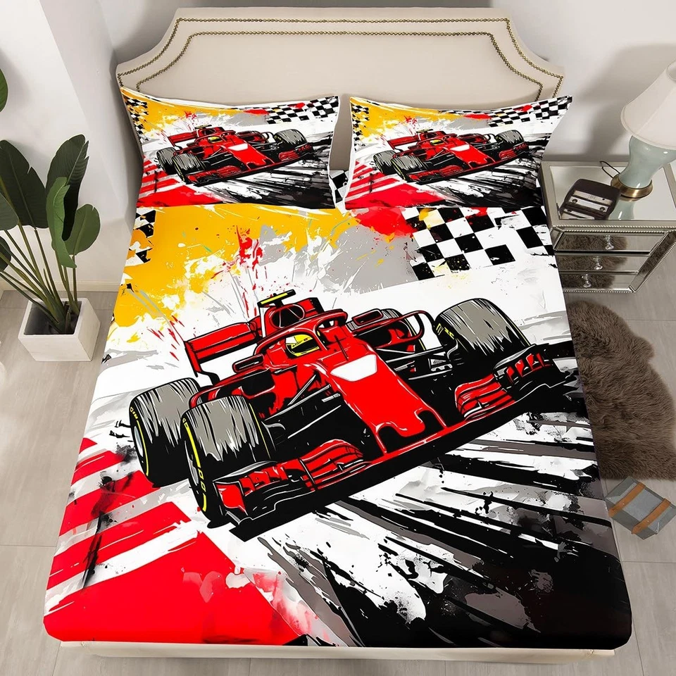 Formula Race Car Sheet Queen Size Racing Checkered Flag Bedding Set Speed Ext... - Image 4 of 4