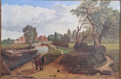 Großes Ölgemälde Kanalszene Pferd + Kahn Suffolk CONSTABLE Stil.