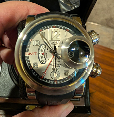 Graham Swordfish GMT Alarm Auto 46mm Steel Silver Dial Rubber Strap Box Papers
