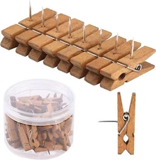 50 PCS Push Pin with Wooden Clips, Durable Pins, Decorative Brown 