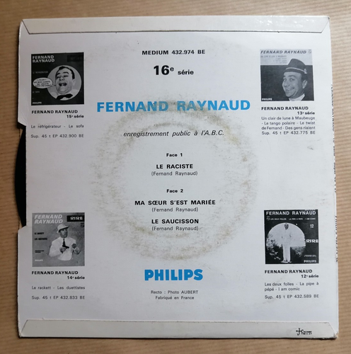 FERNAND RAYNAUD : Le raciste, Ma soeur s'est mariée, Le saucisson 7" EP 45T 1963 - Picture 2 of 2