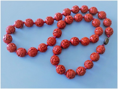 Vintage Chinese Export 1970's Red Cinnabar Necklace Gilt Filigree Clasp - Picture 6 of 14