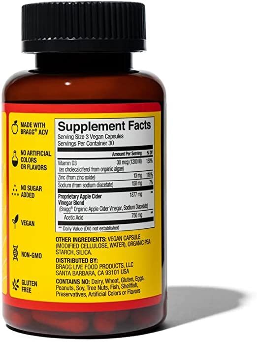 Apple Cider Vinegar Capsules Vitamin D3 & Zinc 750mg of Acetic Acid