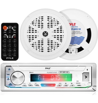 Pyle Bluetooth Marine Receiver Stereo & Speaker Kit 300W Single DIN Boat LCD New